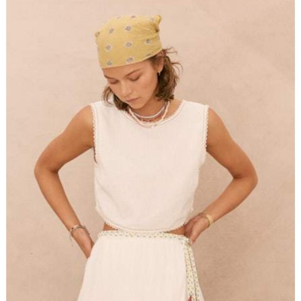 BOTEH White Cotton Voile Crop Top Open Back Crochet Trim Size 1 US 4 Boho